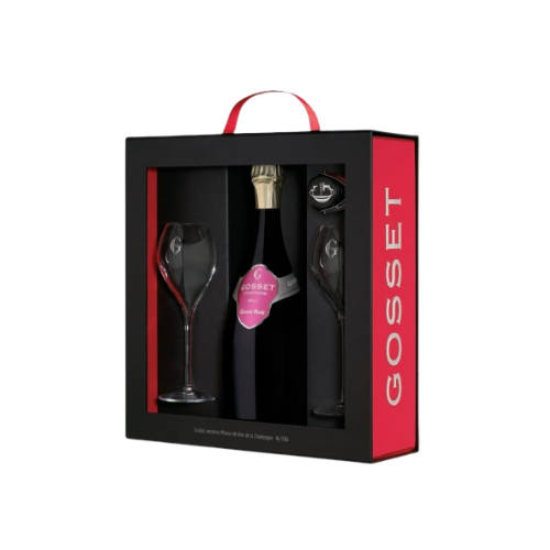 Coffret Champagne Grand Rosé Gosset 75cl + 2 flûtes + 1 bouchon à champagne  - La cave d'August